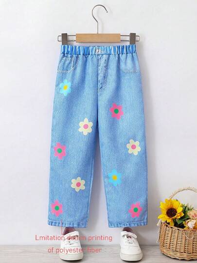年轻女孩休闲花卉印花牛仔效果裤，夏季