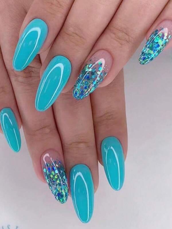 24pcs Fresh Solid Color Gradient Glitter False Nails Manicure Philadelphus Blue-Green Manicure Forest Candy Wear Nails With Jelly Glue And Nail File Suitable For Parties And Daily Wear Press On Nails