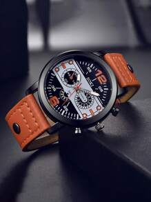 SOKI SOKI 男士手表，休闲真皮表带，数字日期显示，石英腕表，时尚男士手表，简约运动风格，适合日常佩戴，生日礼物，派对，节日聚会，送给自己或朋友的理想礼物。不含包装盒。 - 橘色 - 查看 3