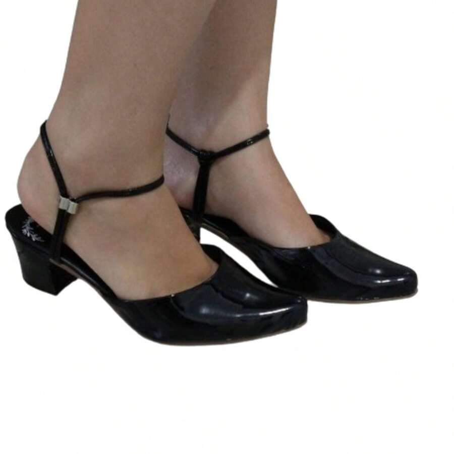 Women's Mule Heel Sandals Pointed Toe Thick Heel Patent Leather - Negro - Ver 1