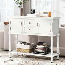 Console Table With 2 Drawers, Retro Entryway Table With 2 Door Cabinets And Open Storage Shelf, Narrow Long Sofa Table, Behind Couch Table For Living Room, Foyer And Hallway - White - View 7