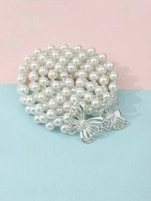 INS 风格儿童和青少年弹性白色珍珠蝴蝶腰链可调节时尚连衣裙，配有松紧腰带，适合日常穿着、派对、节日、生日 - 白色 - 查看 5