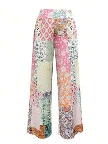  Fashionable! 2025 Spring/Summer Women's Bohemian Floral Loose Pants - Ditsy Print Patchwork High-Waisted Elasticated Stretchy Nylon Wide-Legged Palace Beach Yoga Comfortable Pants