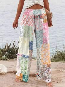  Fashionable! 2025 Spring/Summer Women's Bohemian Floral Loose Pants - Ditsy Print Patchwork High-Waisted Elasticated Stretchy Nylon Wide-Legged Palace Beach Yoga Comfortable Pants