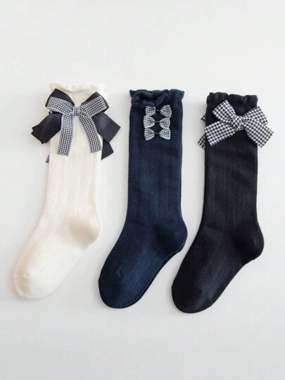 3 双简约纯色条纹格子蝴蝶结点缀儿童透气中筒袜，秋季