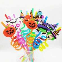 8/10 piezas Pajitas de plástico reutilizables para Halloween con diseños de calabaza, murciélago, telaraña y esqueleto, decoración para fiestas de cumpleaños y Halloween, para uso en exteriores y campamentos