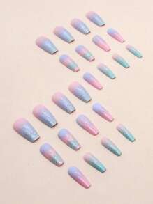 24pcs Glitter Girl Gradient Macaroon False Nails, Tassel Heart Cute Pattern, Includes Jelly Gel And Nail File, Suitable For Women, Nail Art Supplies, Press-On Nails - Multicolor - View 2