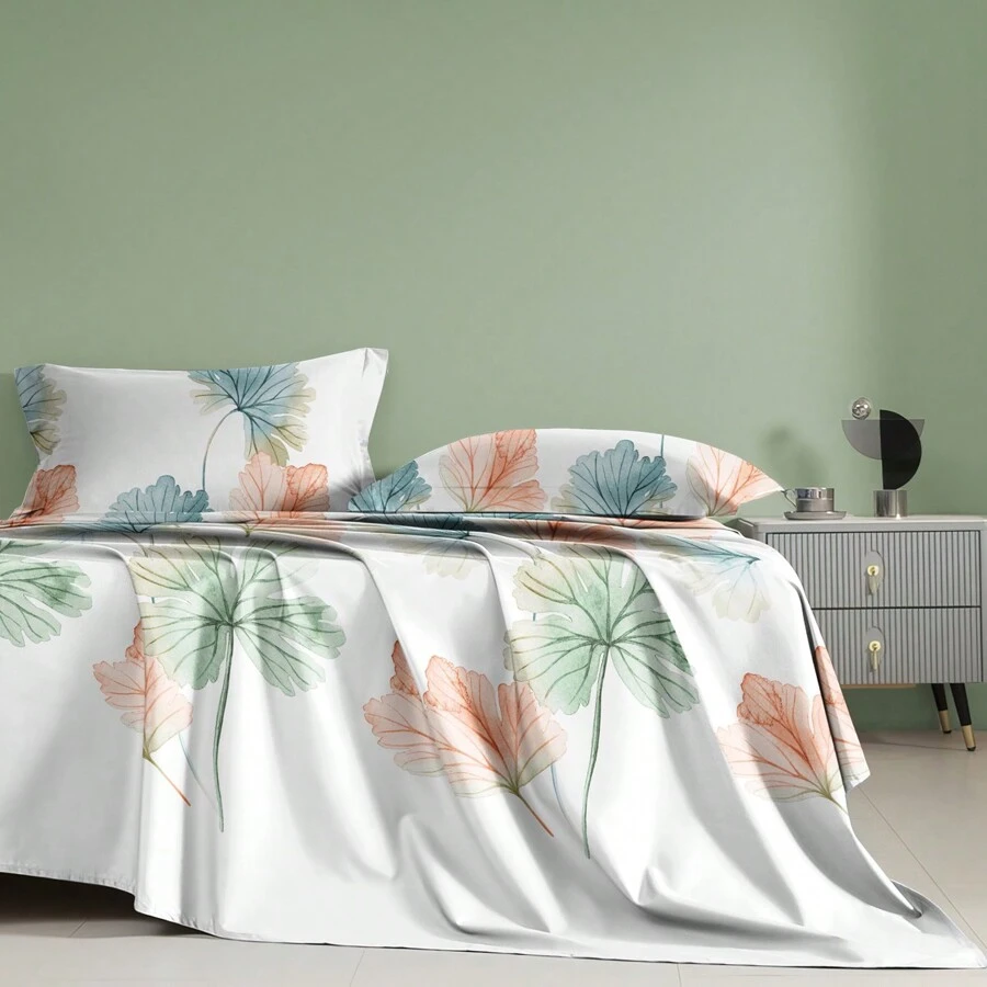 1pc Minimalist Modern Blurry Leaf Print Flannel Bedsheet, Bedroom Printed Bedding (Pillow Case Not Included) - Multicolor - View 1