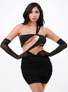 Popular It Girl Multimedia Solid Sleeveless Chest Cutout Sheer Mesh Side Ruched Midi Dress With Gloves, Popular It Girl Multimedia Vestido A Media Pierna Con Pliegues Laterales De Malla Transparente Sin Mangas Y Corte En El Pecho Liso Con Guantes, - màu đen - Xem 1