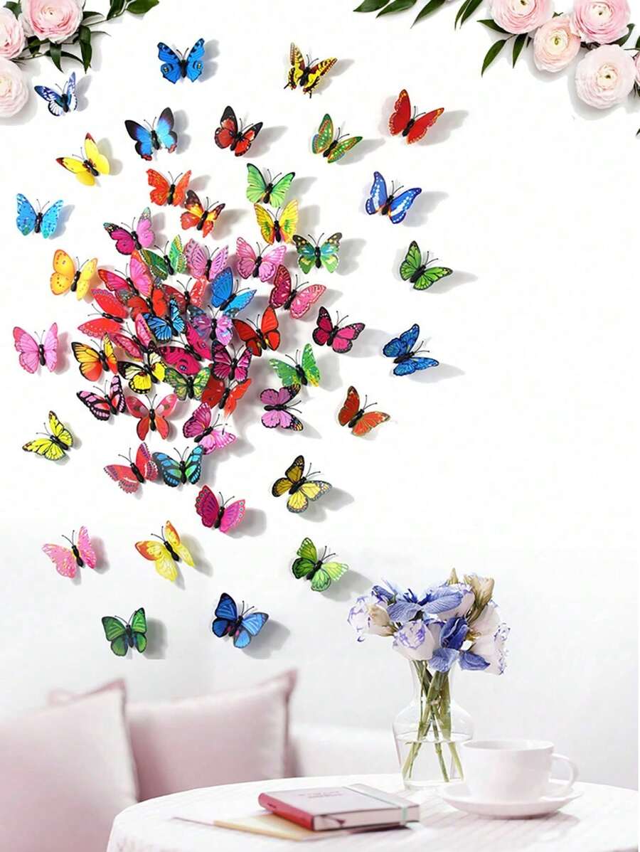 15/30/60/200 pièces Papillons 3D réalistes de couleurs aléatoires, à double face adhésive, décoration murale pour salon, chambre à coucher, luminaire, décoration de maison, décoration de fête d'anniversaire et de festival, autocollants, décalcomanie murale, décalcomanie vinyle pour décorations de maison, articles de décoration de printemps pour rafraîchir votre maison, autocollants de décoration Rama, cadeaux de remise des diplômes
