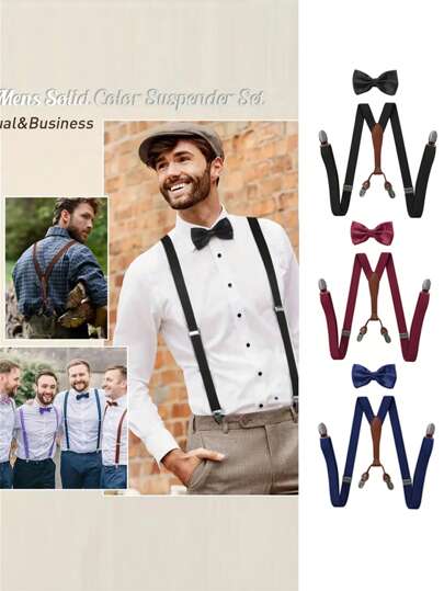 2pcs Unisex Classic Solid Color Bow Tie And Suspender Set - Fashionable Casual Accessories, Ideal Gift For Special Occasions