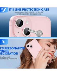 Bộ 3 miếng dán bảo vệ ống kính camera tương thích với iPhone 16 15/15 Plus, kiểu dáng bóng bẩy, đính đá kim cương đơn, độ cứng 9H, chống trầy xước, phụ kiện thời trang, tương thích với ốp lưng (Kim cương hồng) - 3 miếng hồng + 1 miếng film lens tích hợp - Xem 2