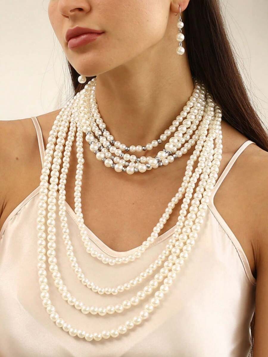 2 件/套夸张多层珍珠项链和耳环，毛衣链吊坠耳环首饰套装，适合女士，适合宴会、舞会、音乐节、节日 - 白色 - 查看 1