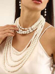 2 件/套夸张多层珍珠项链和耳环，毛衣链吊坠耳环首饰套装，适合女士，适合宴会、舞会、音乐节、节日 - 白色 - 查看 2