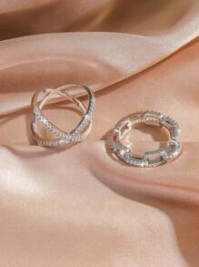 rakol 2pcs Silver-Tone Minimalist Cubic Zirconia Decorated Women's Ring Set - Silver - View 4