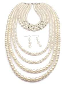 2 件/套夸张多层珍珠项链和耳环，毛衣链吊坠耳环首饰套装，适合女士，适合宴会、舞会、音乐节、节日 - 白色 - 查看 3