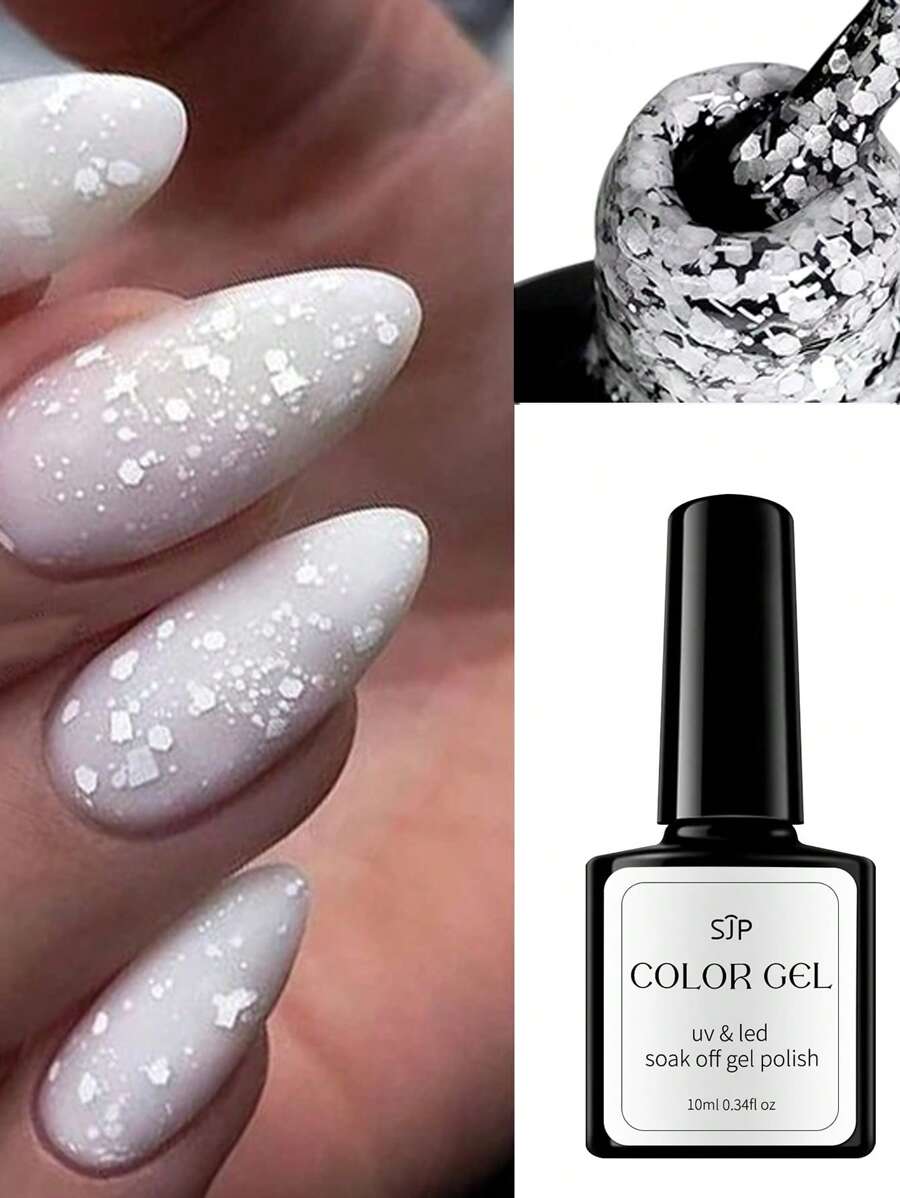 10毫升雪花闪粉指甲油，半永久UV凝胶，圣诞白色雪花闪亮指甲油 - 可卸UV/LED凝胶指甲油，适合美甲沙龙和家庭使用 - 闪粉美甲设计UV指甲油，指甲箔凝胶指甲油