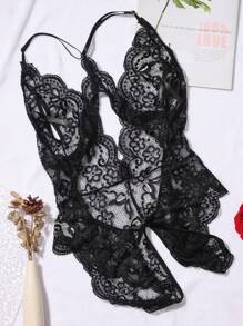 1pc European American Style Women Sexy Lace Lingerie Open Crotch Backless Bodysuits - Black - View 5