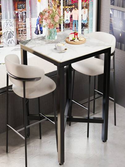 Square Kitchen Bar Table Counter Breakfast Dining Table Black Coffee Table Metal Legs With Footrest For Kitchen Dining Room Patio