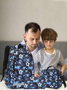 15.75in/40cm 3pcs Boys' Or Girls' Lightweight Backpack Set With Lunch Box & Pencil Case, Suitable For Travel, Camping, School. Padded Back & Adjustable Shoulder Straps, Fashionable Design (soccer Pattern). - Blue - View 11