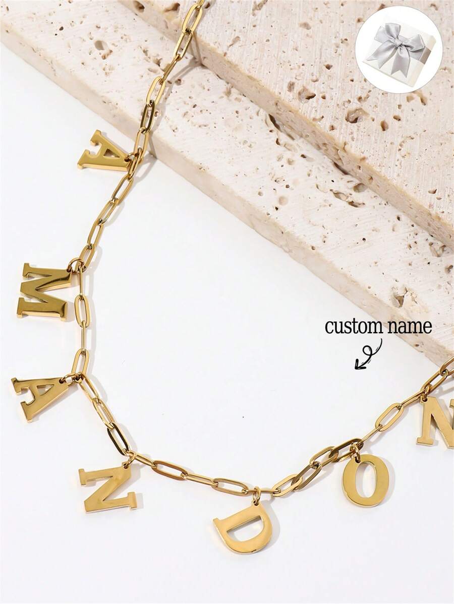 1 Vòng cổ chữ in hoa tùy chỉnh có dây chuyền, Vòng cổ tên chữ cá nhân, Quà kỷ niệm cho phụ nữ, Quà tặng ngày lễ tình nhân, Quà phù dâu, Quà giáng sinh, Quà tặng ngày của Mẹ, Quà tặng cho cô ấy - Vàng - Xem 1