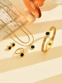 5 piezas Conjunto de joyería de acero inoxidable - Collar de piedra negra romana, pulsera tipo Gran Muralla, anillo abierto de rhinestone, aretes, uso diario para mujeres - Collar romano de concha negra + pulsera + anillo + pendientes - Ver 3