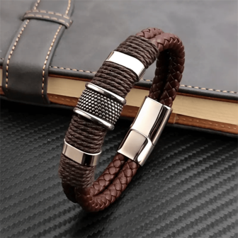 1pc Vintage Multi-Layer Brown PU Leather Men's Bracelet, Gemstone Pearl Bracelet, Stainless Steel Jewelry Wristband, Gift For Father's Day