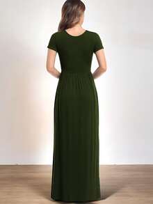 Vestido De Manga Corta Y Cuello Redondo Casual Para Mujer - Verde militar - Ver 3