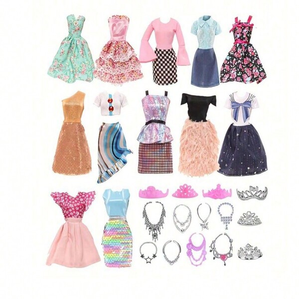 16-Piece Doll Clothes And Accessories Set - Comprehensive Collection Of 4 Fashion Dresses, 12 Accessories, 6 Crowns, And 6 Necklaces For Princess Dolls, Perfect For Dressing Up Fun And Imaginative Play - No Doll Included