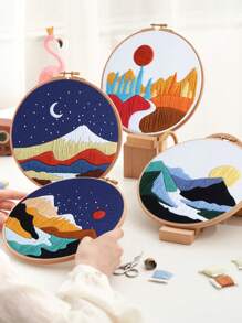 1 套 DIY 手工刺绣工艺套件，包括绣花箍和用于墙面装饰的风景刺绣图案，颜色随机 - 彩色 - 查看 1