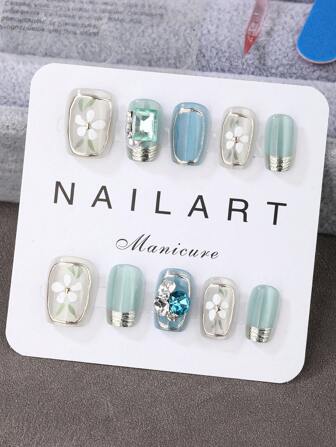 10 Pieces Set, Mint Blue, Short Ladder Type, Press-On Nail Art, Handmade, Elegant And Generous Design, High-End French Style, Gel Polishing, Flash, Cat's Eye Effect, Metallic Luster, Full Coverage Of Fake Nail Tips, 3D Large Rhinestones Full Of Various Shapes, Equipped With 1 Tube Of Jelly Glue, 1 A Finger Press-On Nails Stick And A Polishing Belt. Suitable For Parties, Travel, Dancing, Daily Wear And Gifts For Friends, Women's Nail Art Supplies, Reusable.