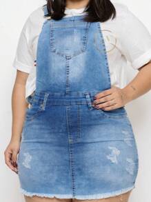 Plus Size Denim Overalls - 淺色水洗藍 - 查看 5