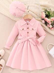 Vestito casual con maniche lunghe e colletto, di colore unito, con cappello e cintura, adatto per ragazze giovani - Rosa - Visualizzare 1