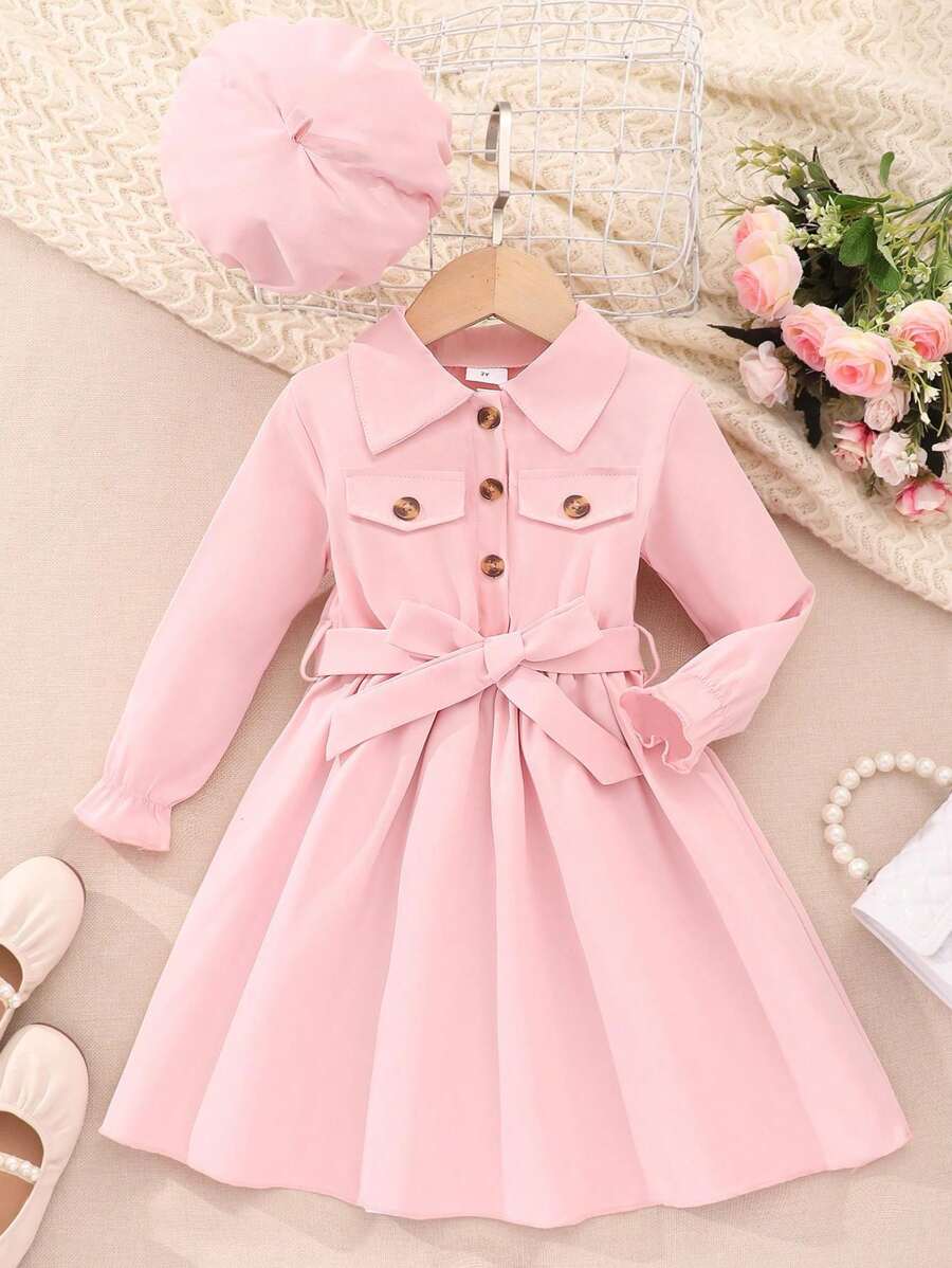 Vestito casual con maniche lunghe e colletto, di colore unito, con cappello e cintura, adatto per ragazze giovani - Rosa - Visualizzare 1