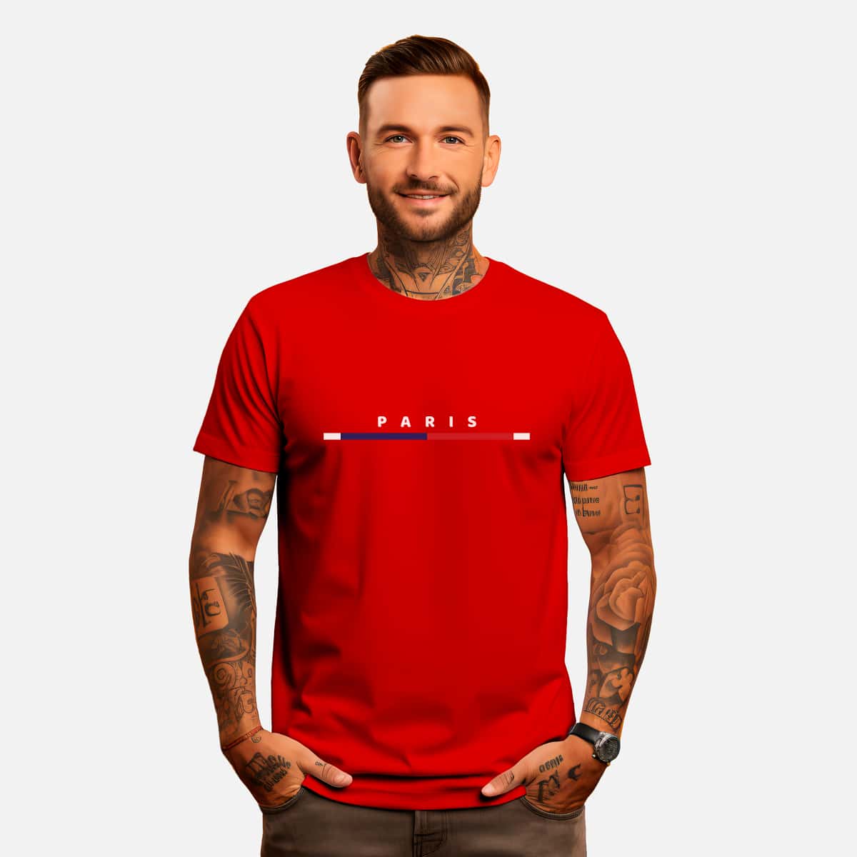 Basic 100% Cotton Streetwear T-Shirt Various Colors Paris Print - Đỏ - Xem 1