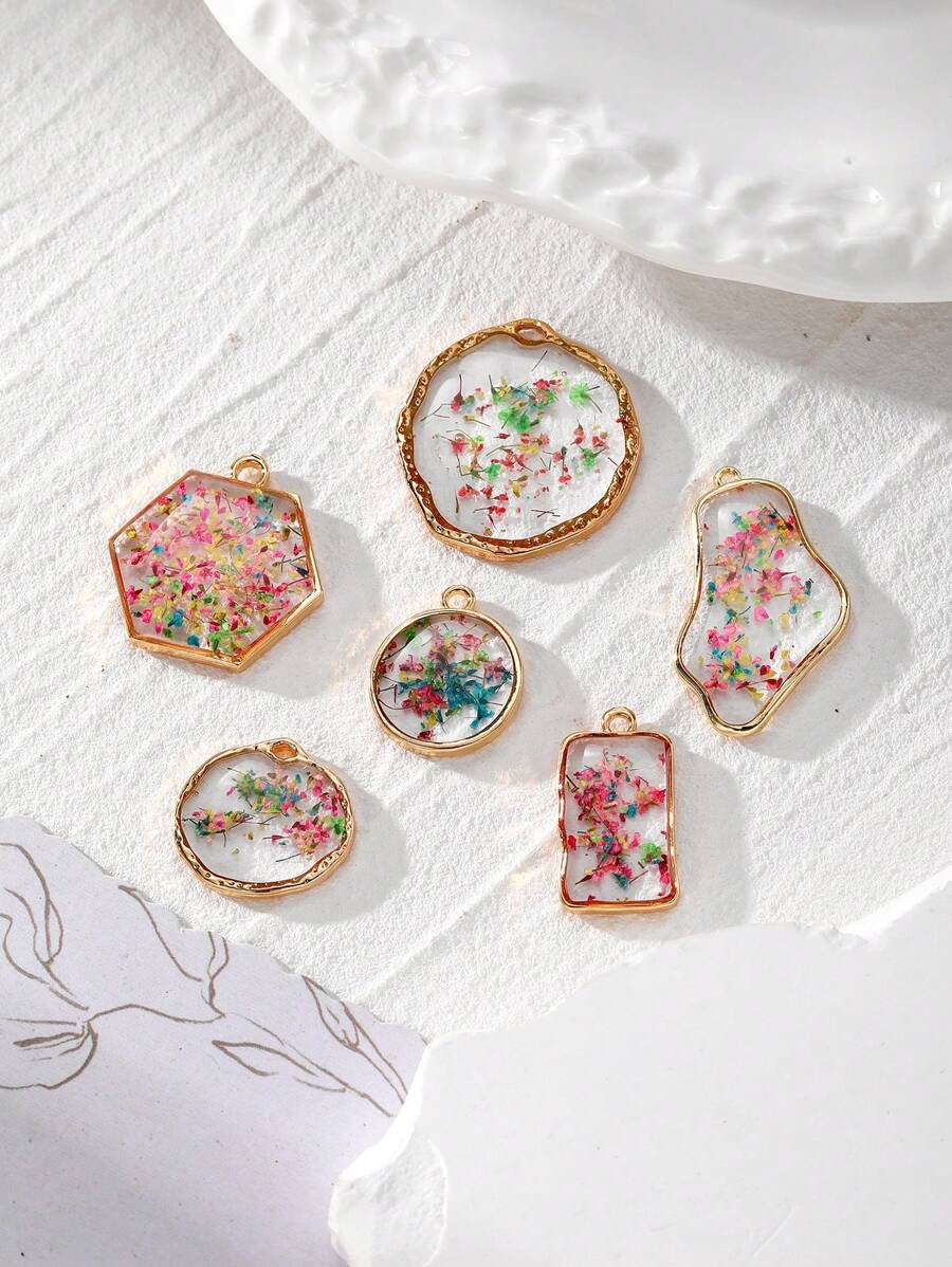 1 件全新手工制作不对称彩色花卉装饰，复古风格透明树脂干花吊坠 - 不規則 - 查看 1