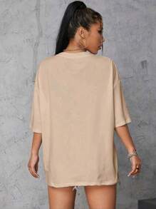 Oversized Women's Casual Off Shoulder 100% Cotton T-Shirt With Animated Cat Figure Print - 卡其色 - 查看 2