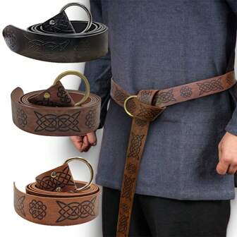 Handmade Medieval Celtic Knot Embossed Belt, Knight Ring Buckle Leather Belt For COSPLAY And Stage Props