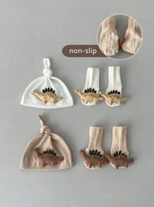 1 conjunto Gorro de Bebê Recém-Nascido com Impressão Fofa de Dinossauro, Combo de Meias, Primavera Outono