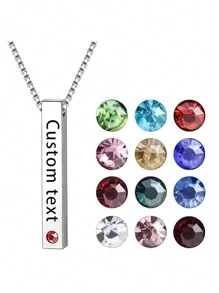 1pc Personalized Stainless Steel Engraved Bar Pendant With Birthstone Necklace For ID Gift For Couple Friend And Family