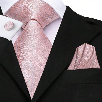 3pcs Wedding Ties Men Silk Paisley Tie Pink Necktie Handkerchief Cufflinks Set Gift