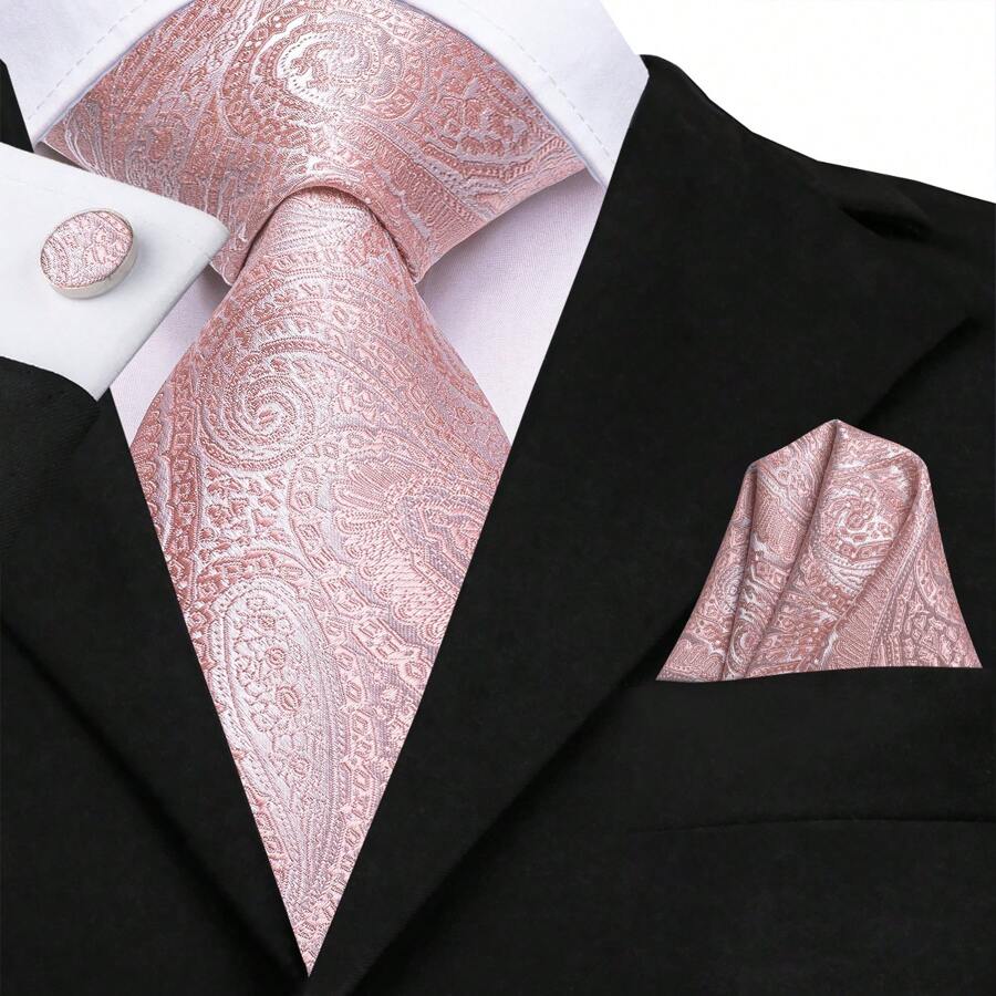 3pcs Wedding Ties Men Silk Paisley Tie Pink Necktie Handkerchief Cufflinks Set Gift - Pink-3748 - View 1