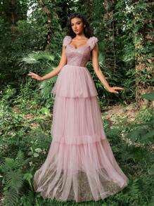 Faeriesty Đầm dạ hội trang trọng xếp lớp sequin sang trọng, viền vải tuyn, váy dạ hội thanh lịch, dành cho khách dự tiệc cưới, tốt nghiệp, tiệc tối - Bụi hồng - Xem 2