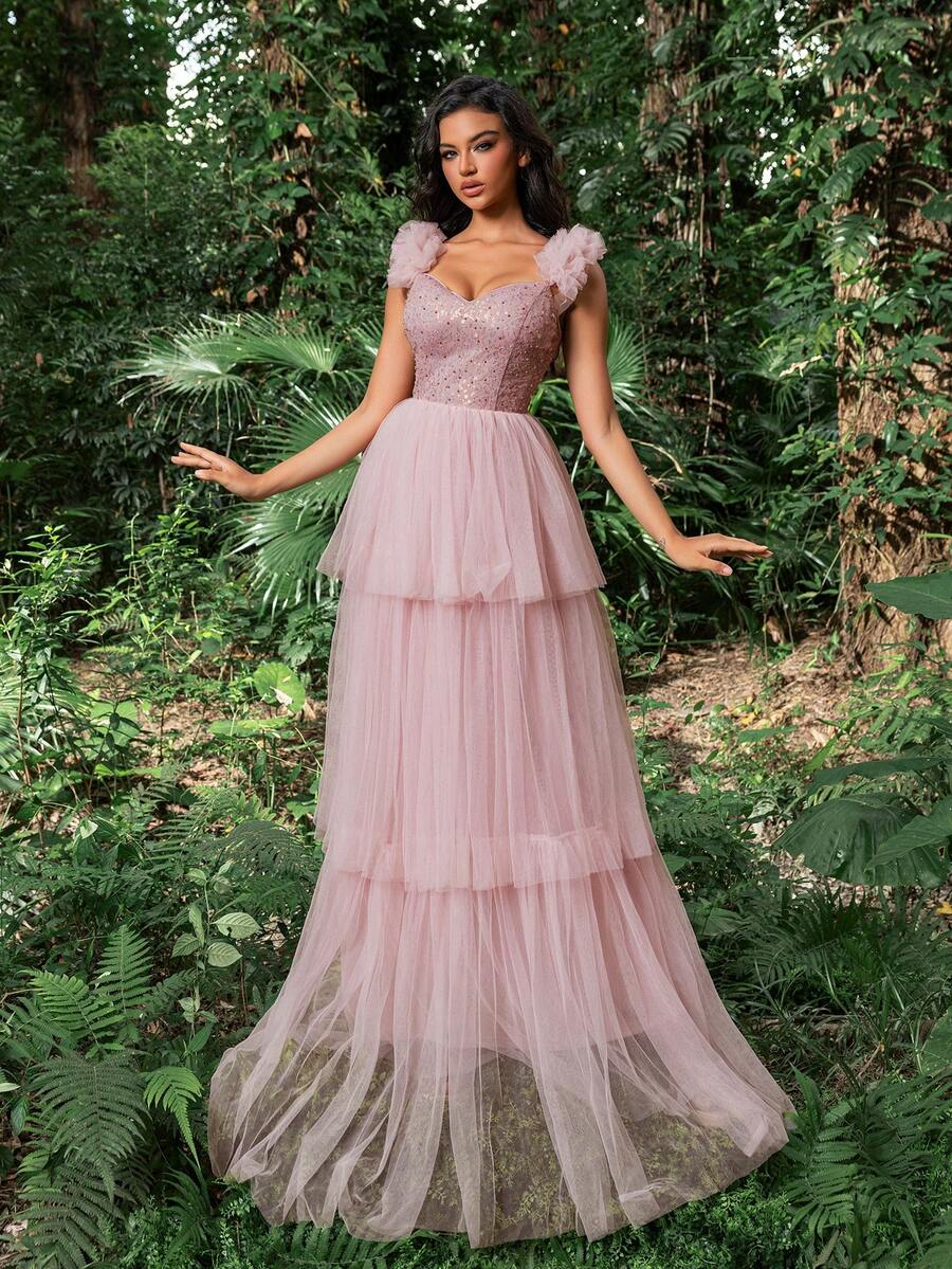 Faeriesty Đầm dạ hội trang trọng xếp lớp sequin sang trọng, viền vải tuyn, váy dạ hội thanh lịch, dành cho khách dự tiệc cưới, tốt nghiệp, tiệc tối