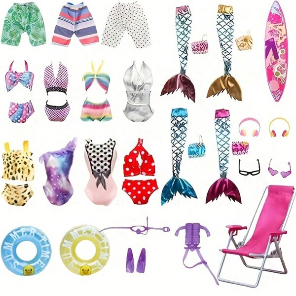 8 Pieces/Pack Summer 11.8-Inch/30cm Doll Clothing And Accessories Set, Bikini Beach Shorts Mermaid Dress Surfboard Swimming Ring Beach Chair Men's And Women's Doll Swimsuit Clothing Toy Swimsuit Random