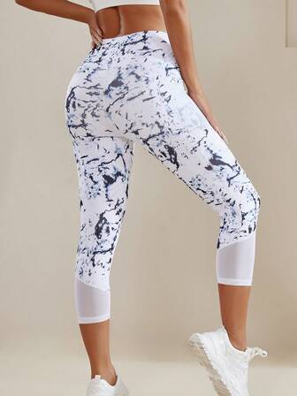 Summer Workout Women High Waist Lifting Yoga Pants - Tie Dye Printed Pocket Mesh Splicing Lifting Fitness Leggings