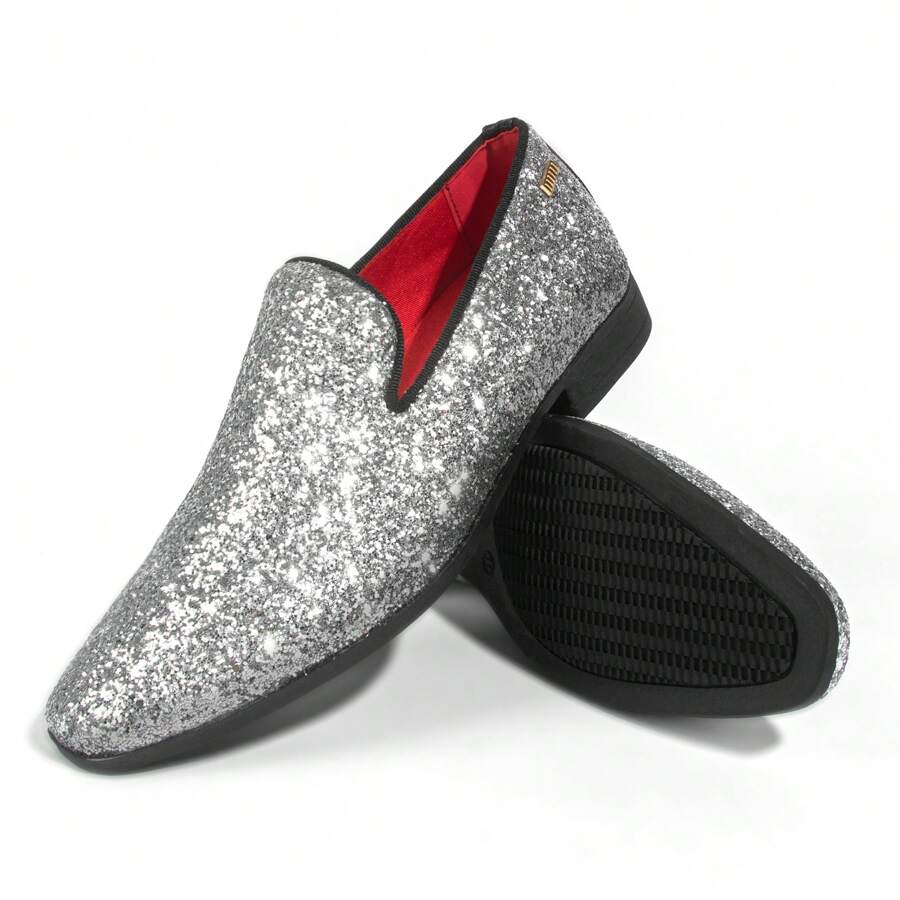 UUBARIS Mens Glitter Loafers Dress Slip On Party Wedding Penny Sparkly Shoes - 銀色 - 查看 1