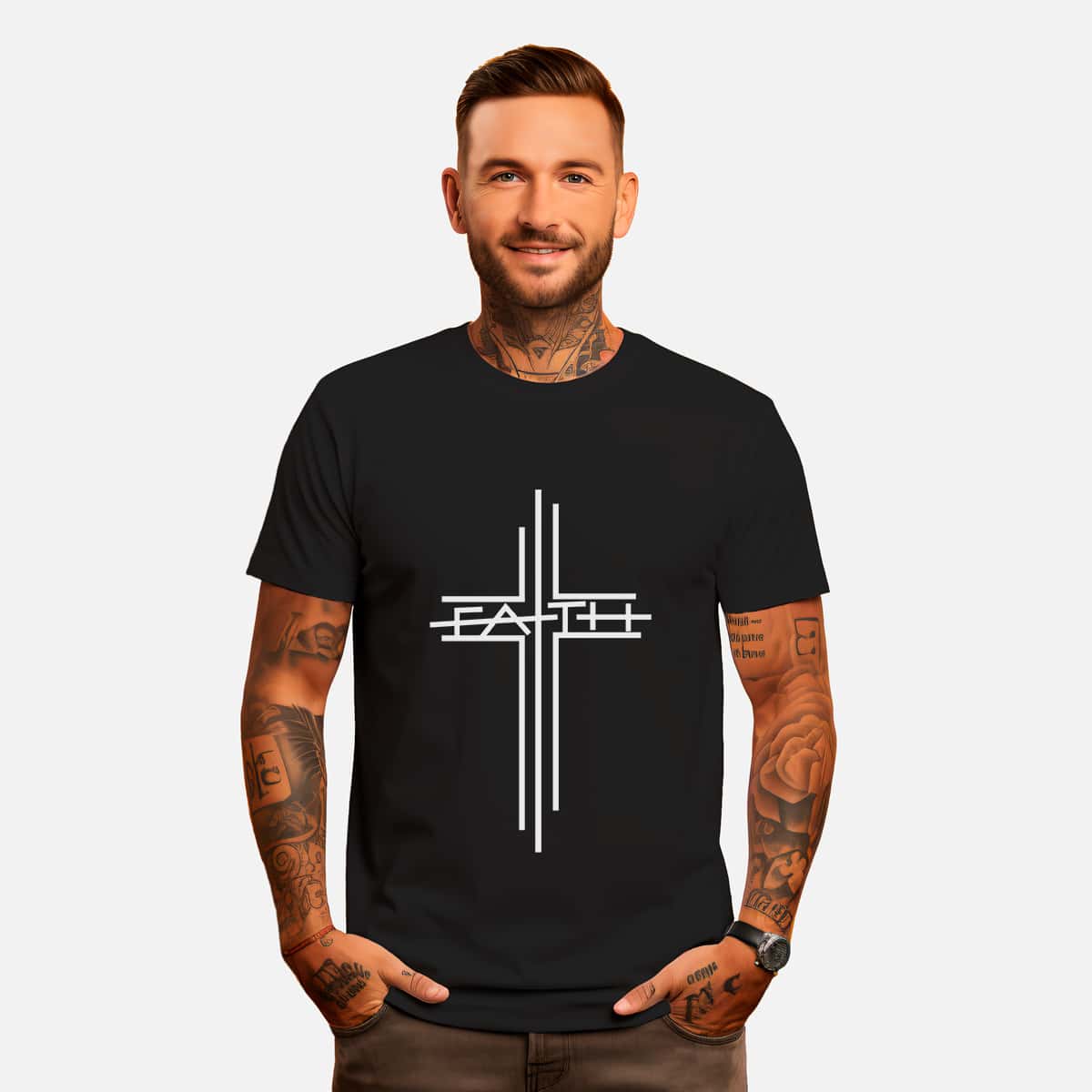 Faith Plain Printed Basic T-Shirt Men's Short Sleeve 100% Cotton Faith - màu đen - Xem 1