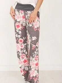 Floral Drawstring Fold Over Band Wide Leg Lounge Pants - 灰色 - 查看 2
