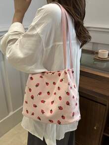 极简时尚水桶包，轻巧复古，面料草莓印花，双手柄单肩包。适合女士日常生活休闲、通勤和学生使用 - 粉色 - 查看 3